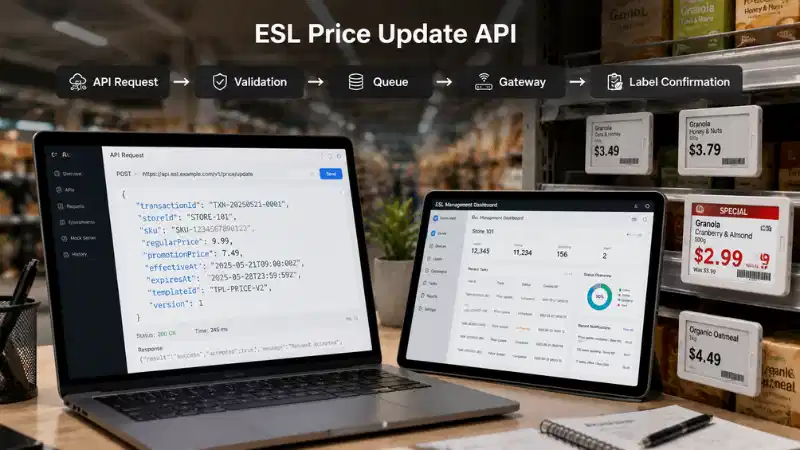 Electronic shelf label API request showing price, store, product, timing, and transaction fields