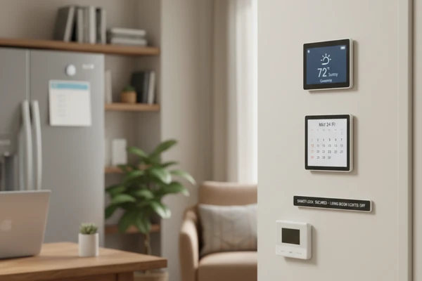 E-ink smart home display showing weather calendar and to-do list mounted on wall