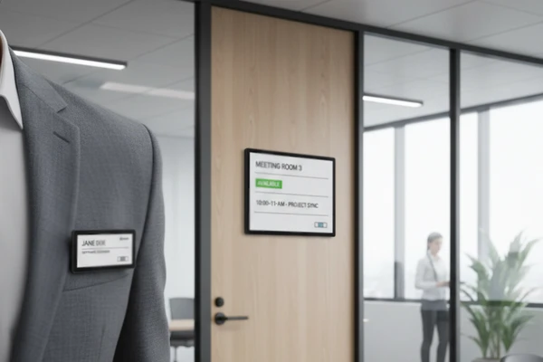 Digital employee badge and meeting room door sign powered by ESL display technology